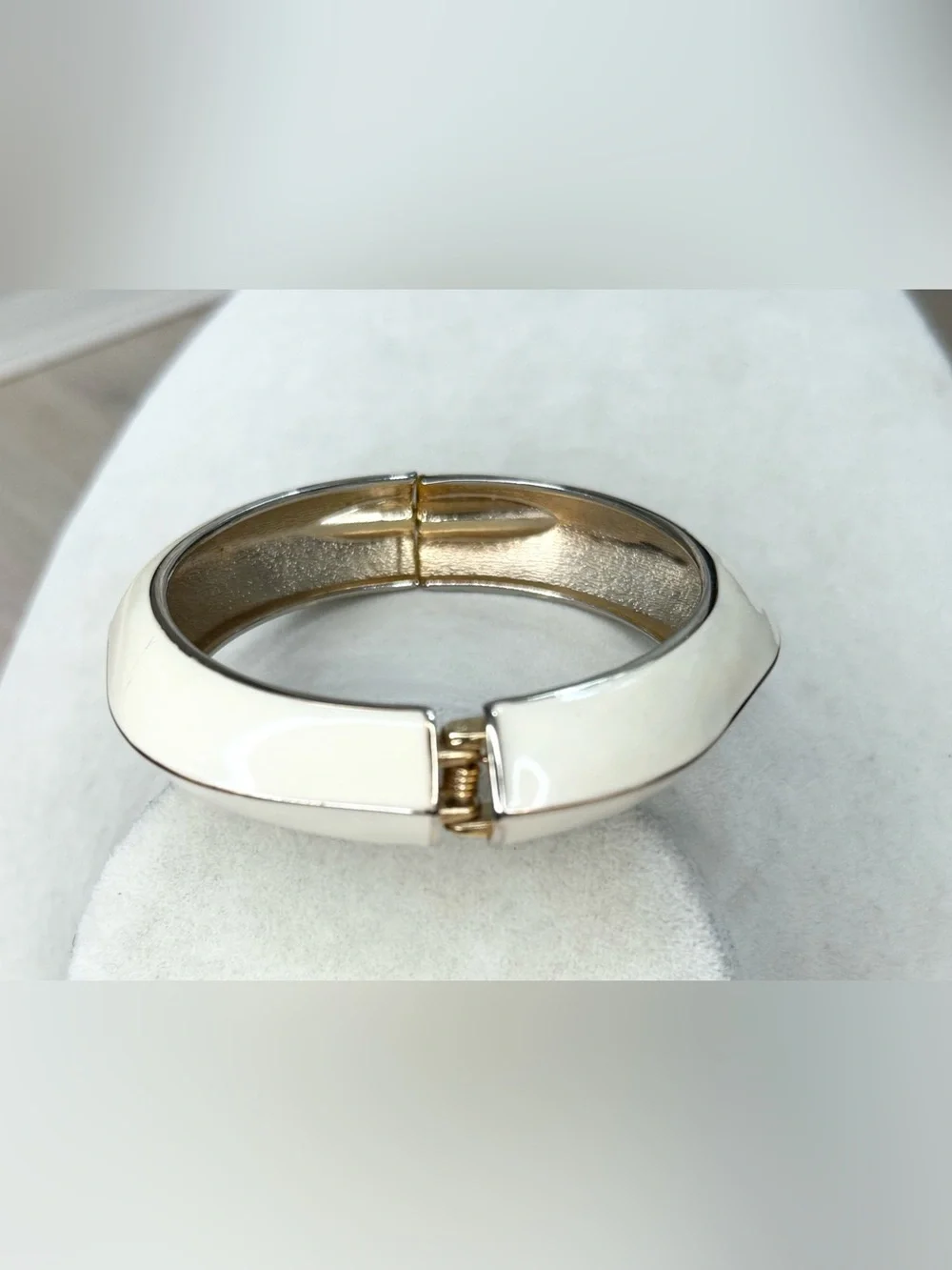 Ivory Enamel Hinged Bangle Bracelet Gold Tone Geometric 3” Statement Cuff